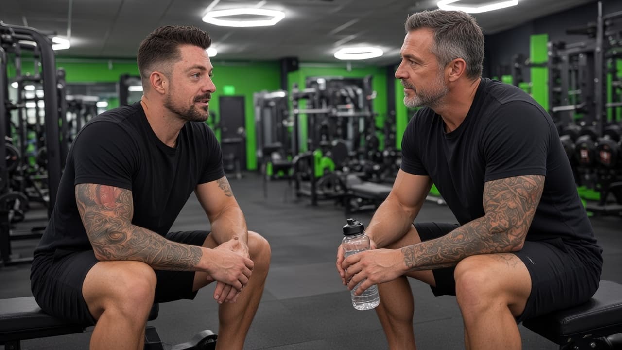 Declan in a calm one-to-one conversation with a client in the gym
