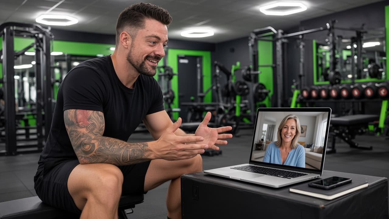 Declan coaching a client over a video call from the gym