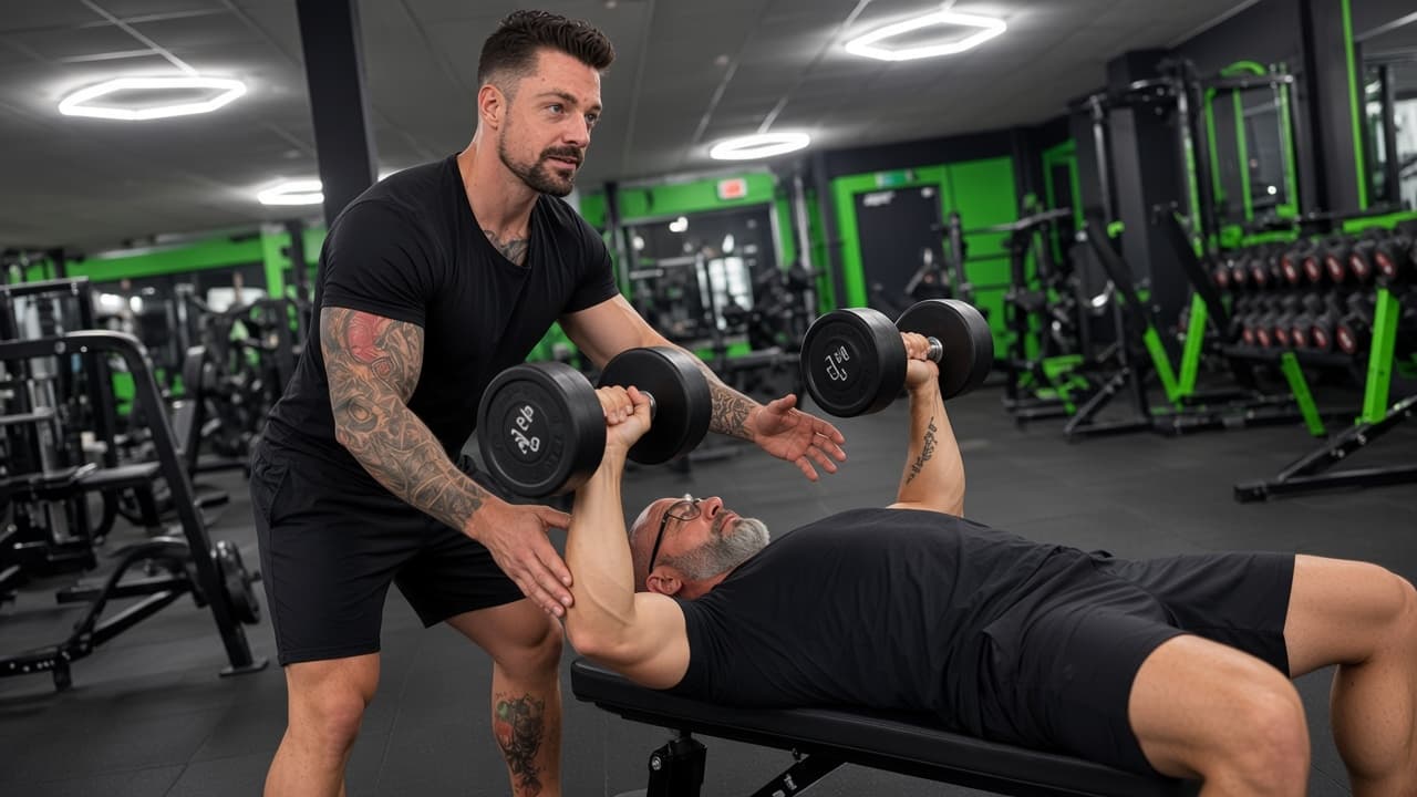 Declan coaching a client through a dumbbell bench press